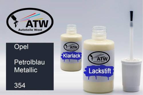 Opel, Petrolblau Metallic, 354: 20ml Lackstift + 20ml Klarlack - Set, von ATW Autoteile West.